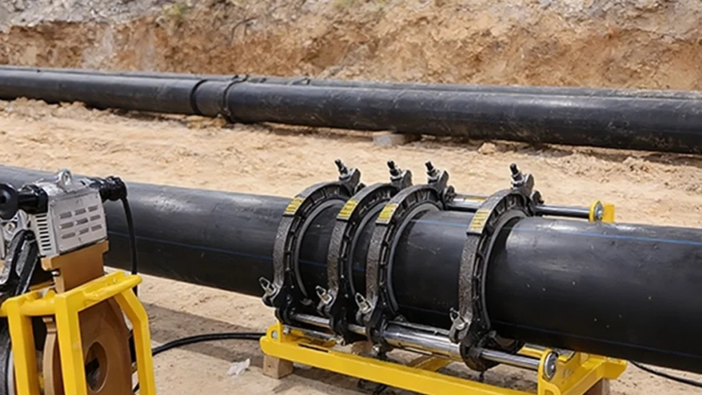 Rugged HDPE pipe welding machine onsite